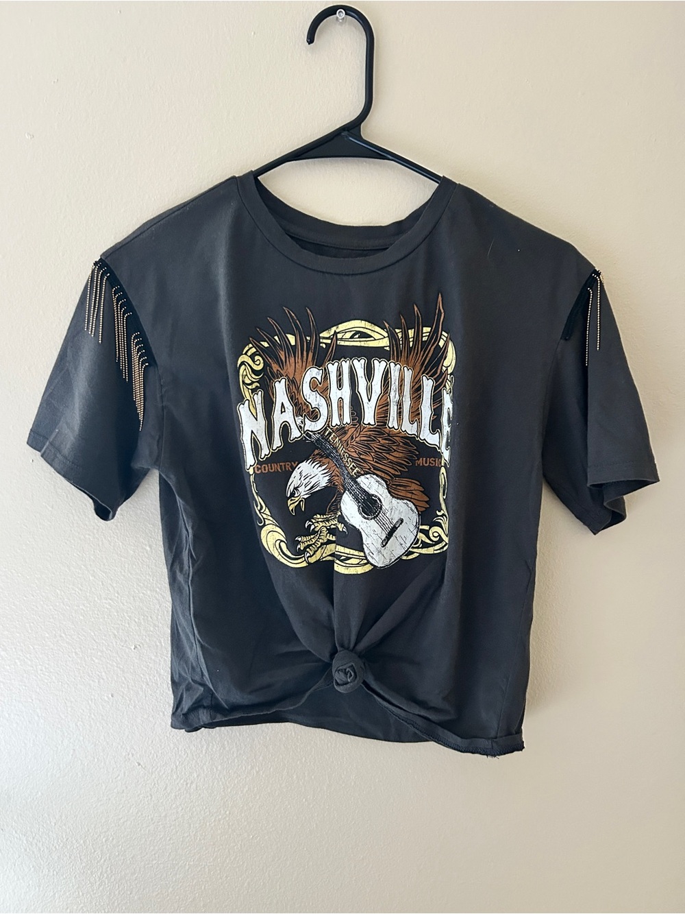 Nashville Graphic Fringe Tee Womens Small Charcoal Tie Front Concert Top